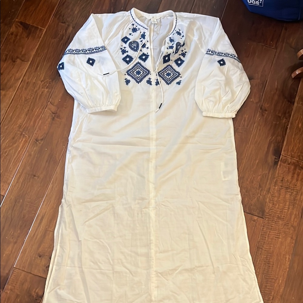 H&M White Maxi Dress with Blue Embroidery